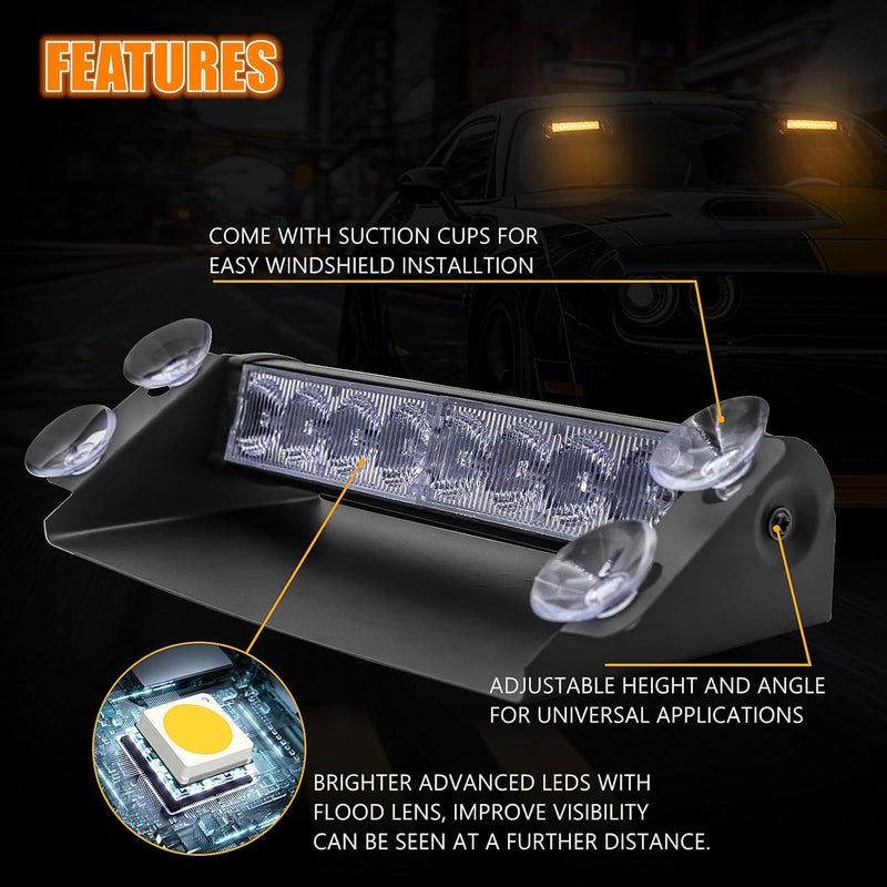 NWpangu LED Dash Emergency Strobe Lights Interior Windshield Yellow Flashing Warning Light Bar w/Suction Cups for Police Law Enforcement Construction Vehicles Trucks. - Image 3